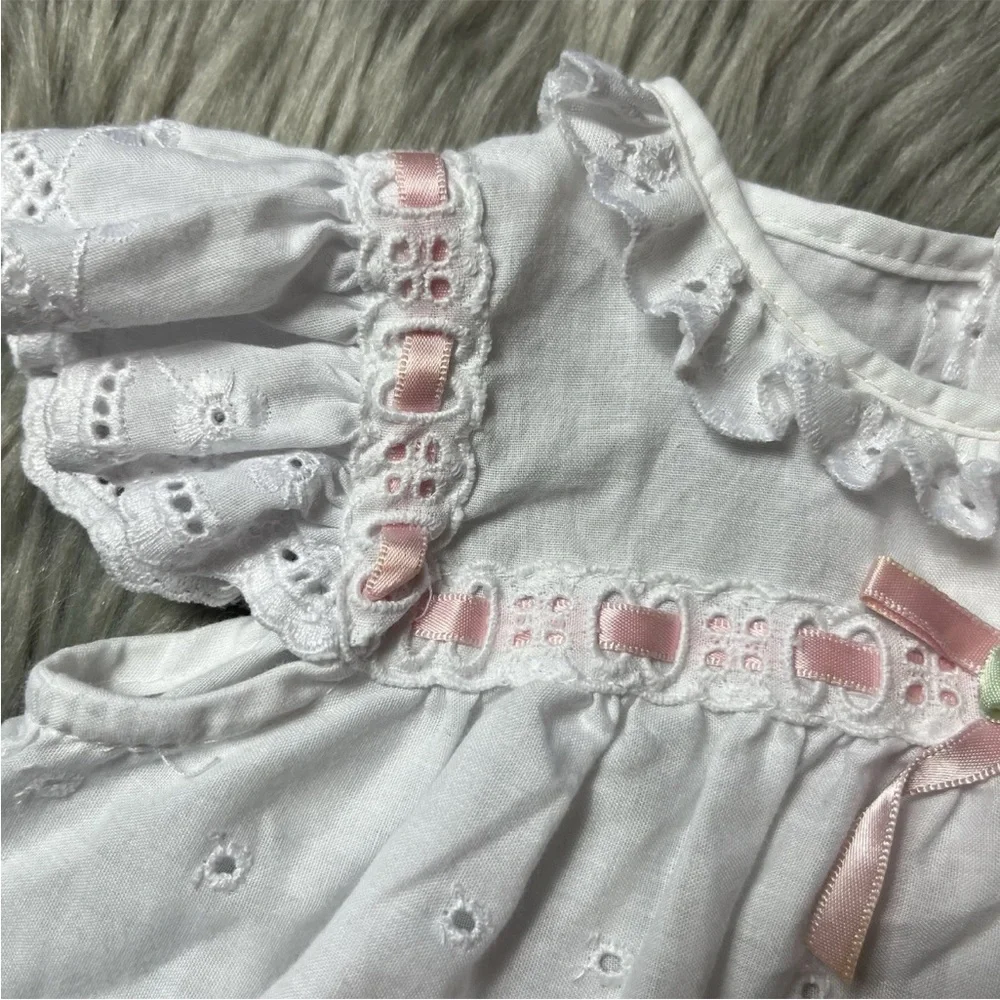 Vintage White Eyelet Lace Baby Girls Bow Ribbon Dress